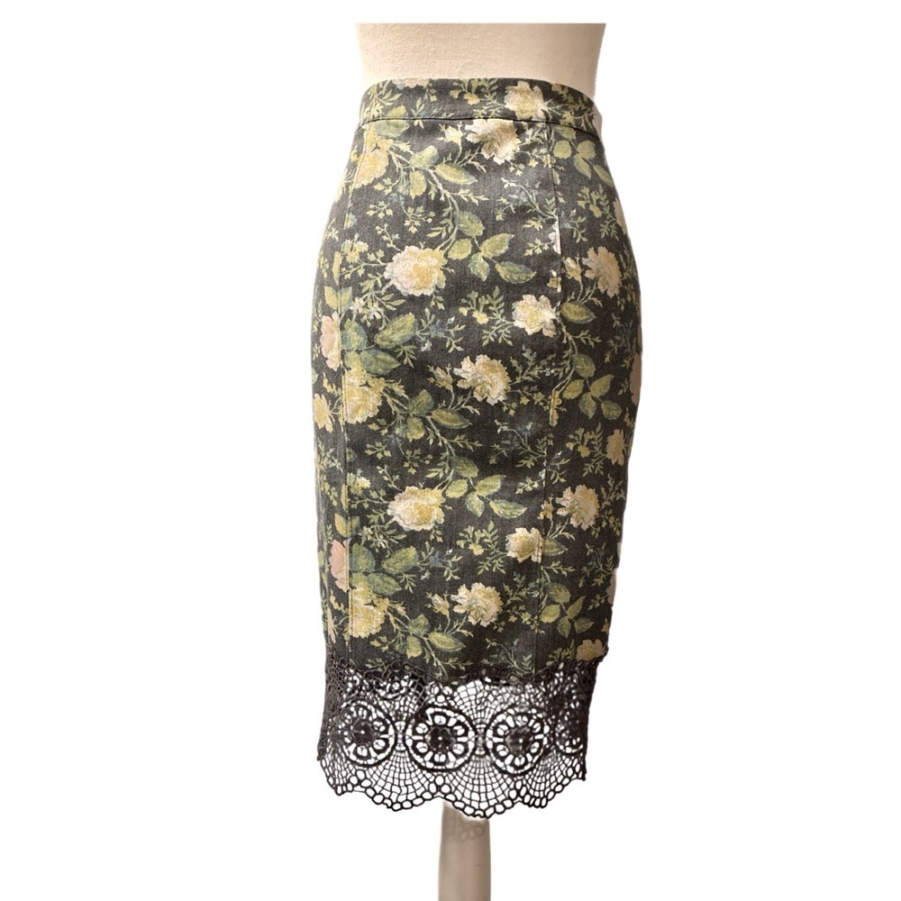 Free People Boho Floral Pencil Skirt & Black Lace Trim Hem Size S - Picture 3 of 5